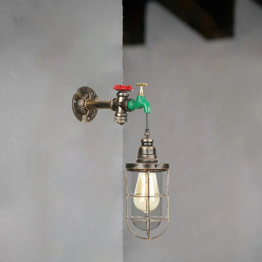 Steampunk Metal Wall Lamp Vintage Faucet Design 1 Bulb Balcony Sconce In Antique Bronze