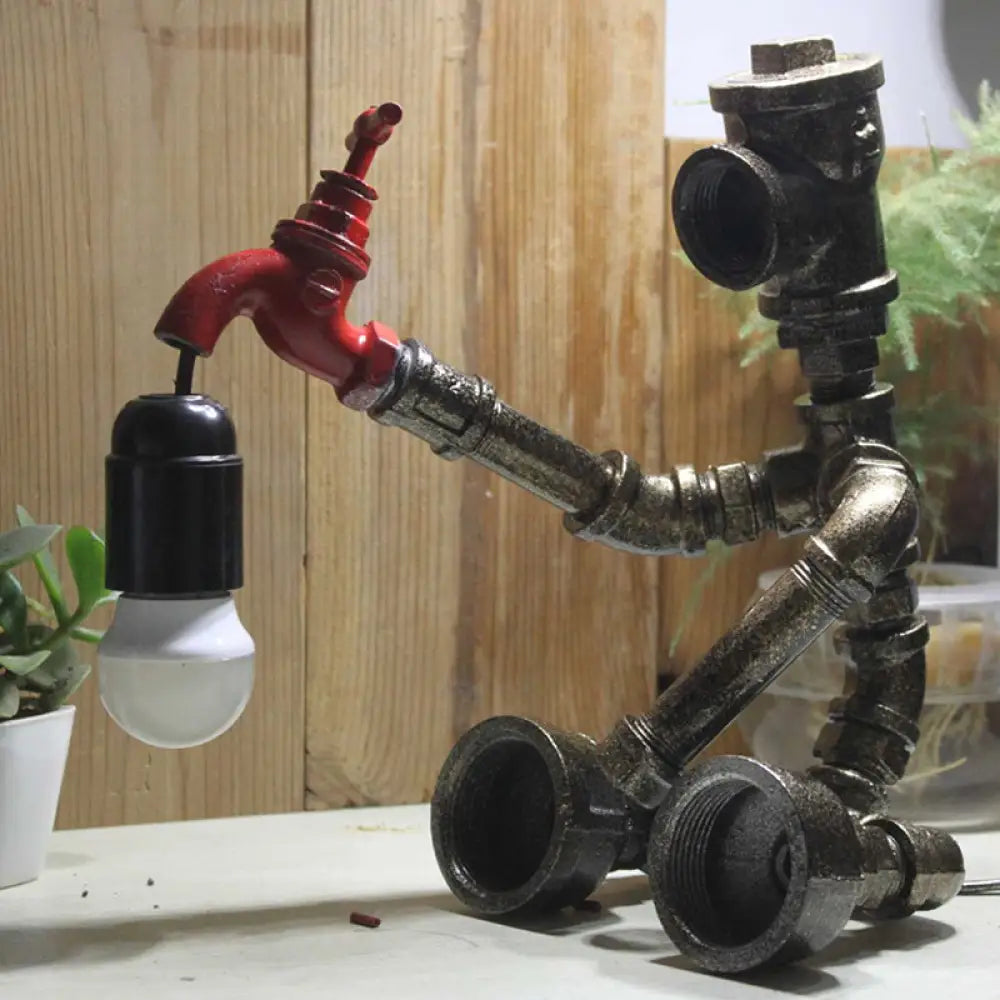 Steampunk Metallic Robot Table Light With Faucet Deco: 1-Light Child Bedroom Lamp In Bronze/Silver