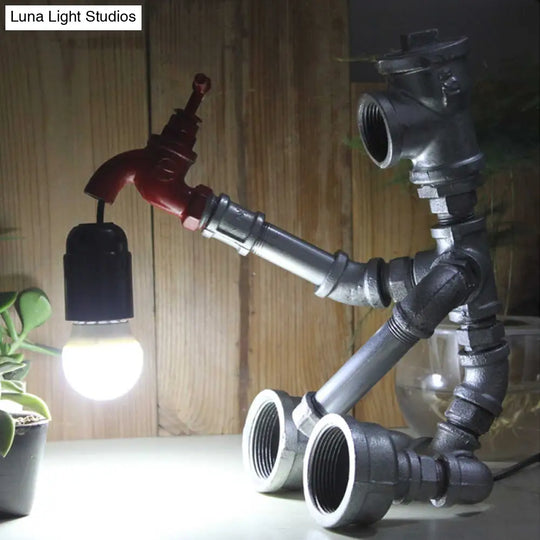 Steampunk Metallic Robot Table Light With Faucet Deco: 1-Light Child Bedroom Lamp In Bronze/Silver