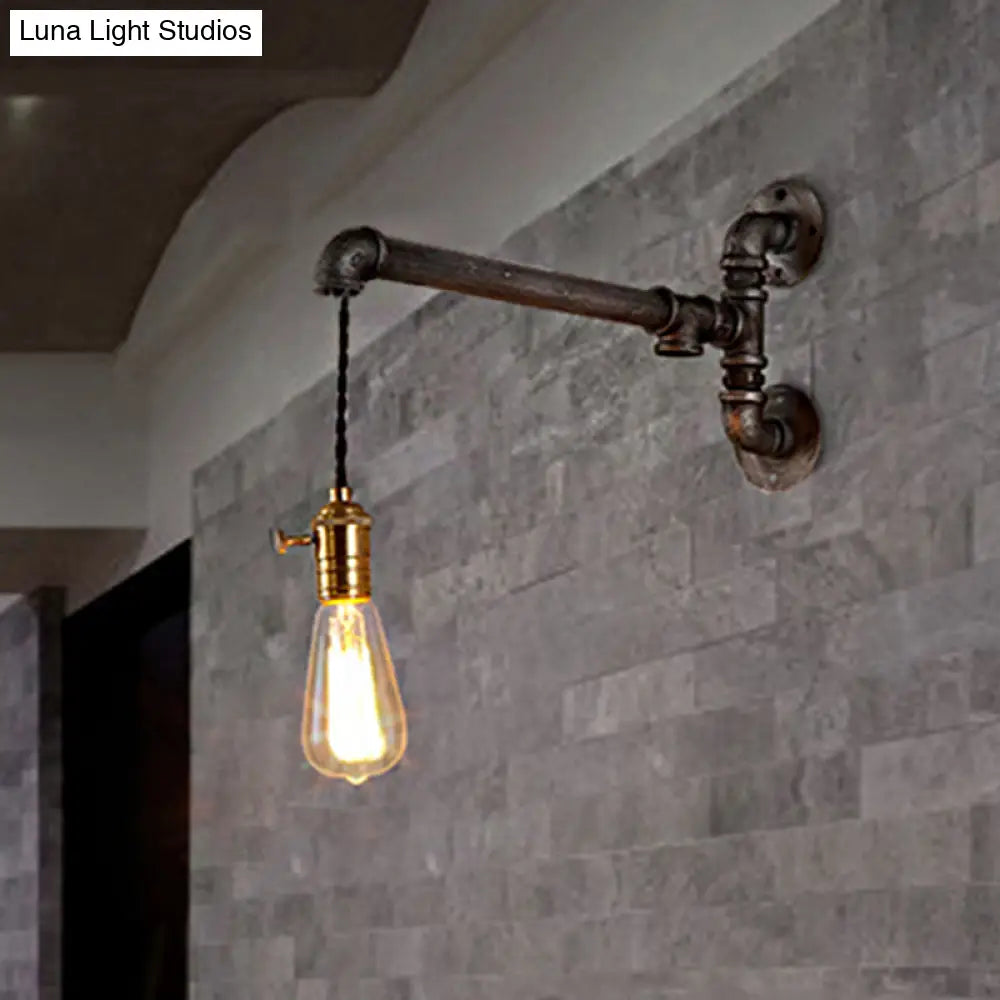 Steampunk Open Bulb Wall Light In Aged Silver - Hanging Cord And Pipe 1 Metal Mount Fixture