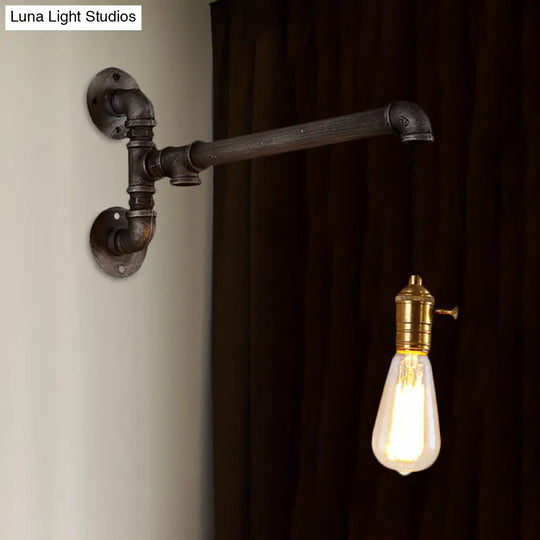 Steampunk Open Bulb Wall Light In Aged Silver - Hanging Cord And Pipe 1 Metal Mount Fixture