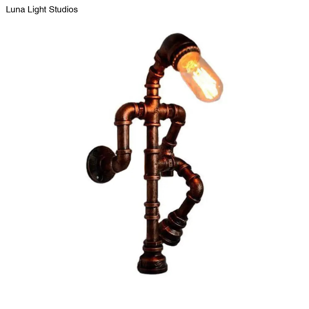 Steampunk Pipe Robot Wall Sconce With Single-Bulb - Wrought Iron Light In Black/Bronze/Copper