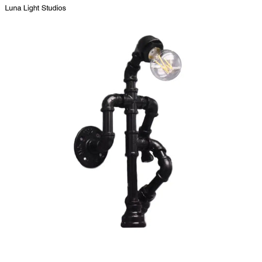 Steampunk Pipe Robot Wall Sconce With Single-Bulb - Wrought Iron Light In Black/Bronze/Copper