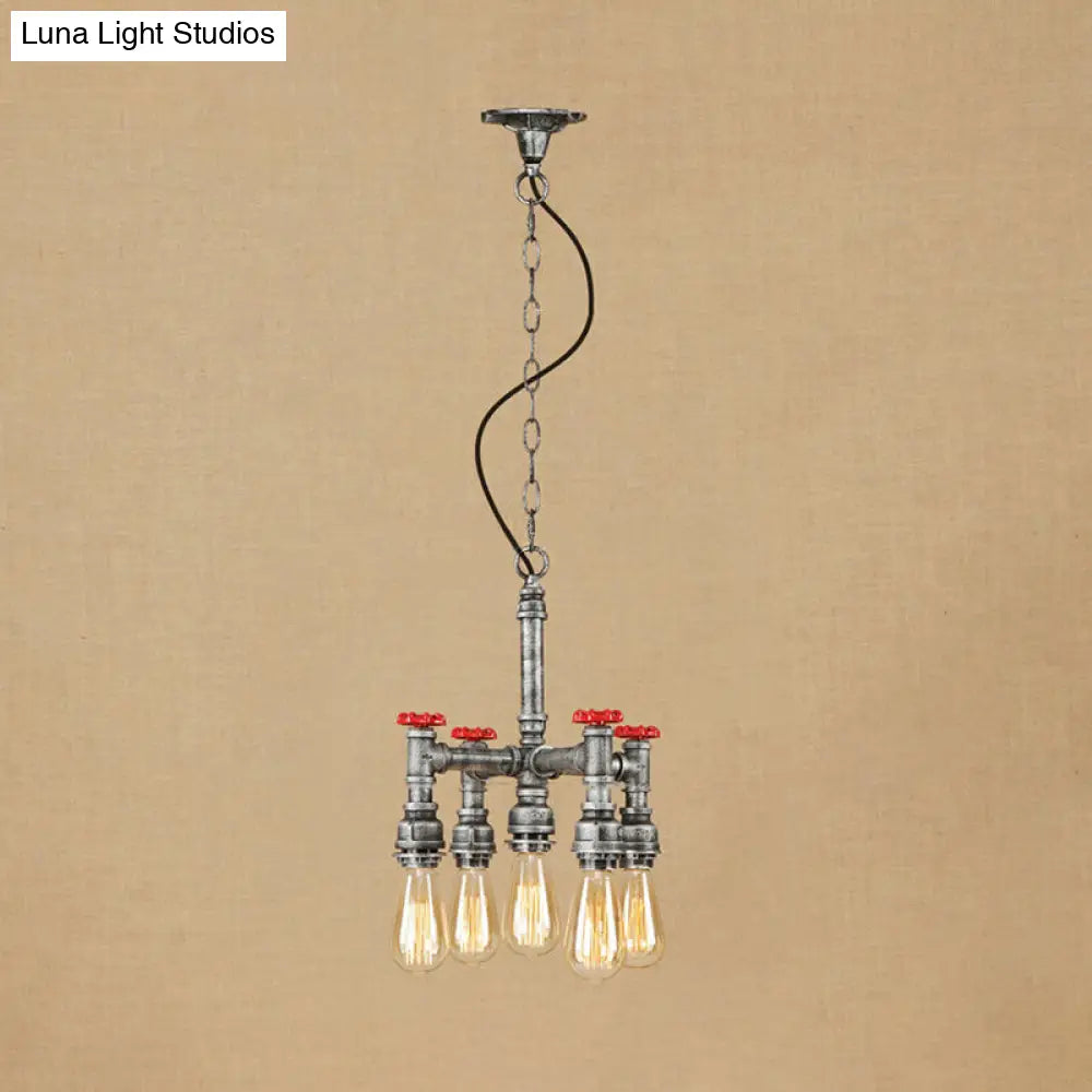 Steampunk 5-Light Chandelier With Open Bulbs Pipe And Valve - Antique Silver/Bronze Ceiling Fixture