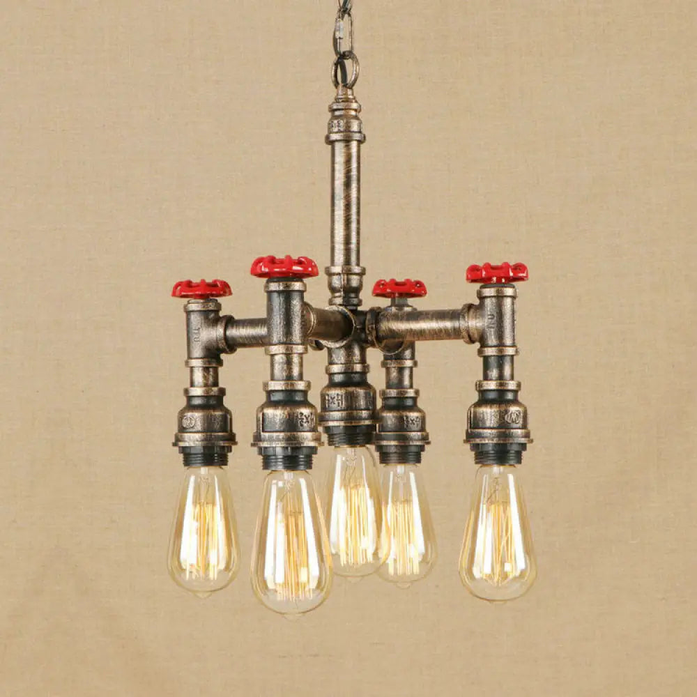 Steampunk Pipe & Valve Chandelier - Antique Silver/Bronze 5-Light Ceiling Fixture Bronze