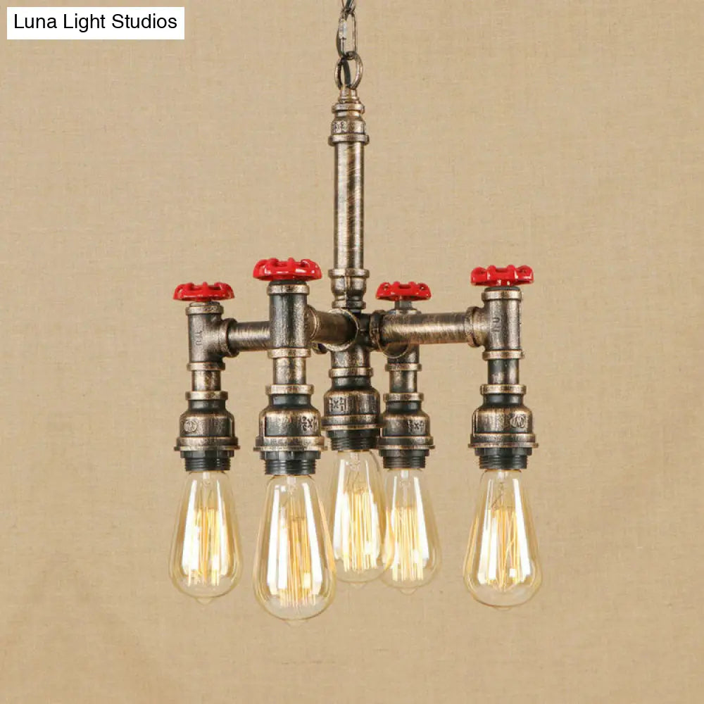 Steampunk 5-Light Chandelier With Open Bulbs Pipe And Valve - Antique Silver/Bronze Ceiling Fixture