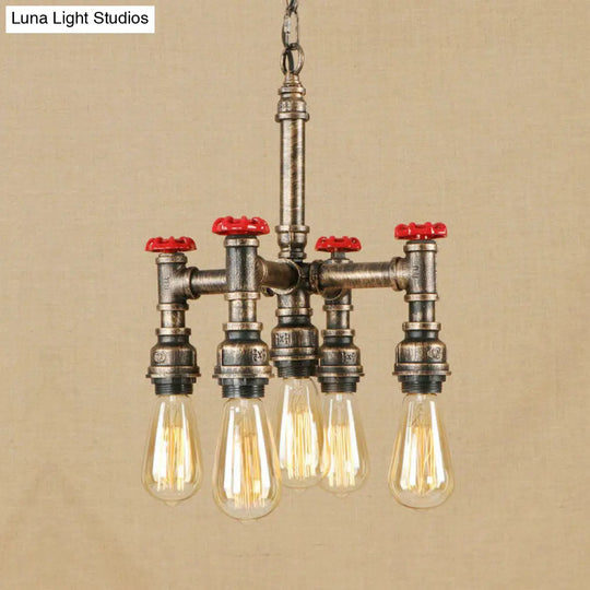 Steampunk 5-Light Chandelier With Open Bulbs Pipe And Valve - Antique Silver/Bronze Ceiling Fixture