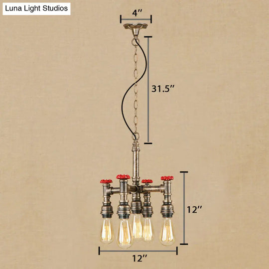 Steampunk 5-Light Chandelier With Open Bulbs Pipe And Valve - Antique Silver/Bronze Ceiling Fixture