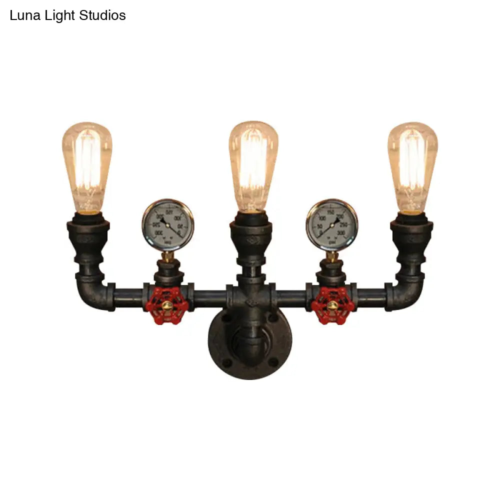 Steampunk Restaurant Wall Lighting In Black: 2/3-Lights Mount With Metal Pipe And Gauge