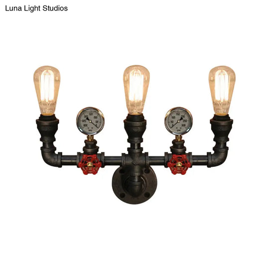 Steampunk Restaurant Wall Lighting In Black: 2/3-Lights Mount With Metal Pipe And Gauge