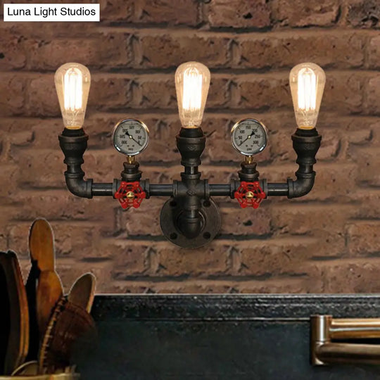 Steampunk Restaurant Wall Lighting In Black: 2/3-Lights Mount With Metal Pipe And Gauge