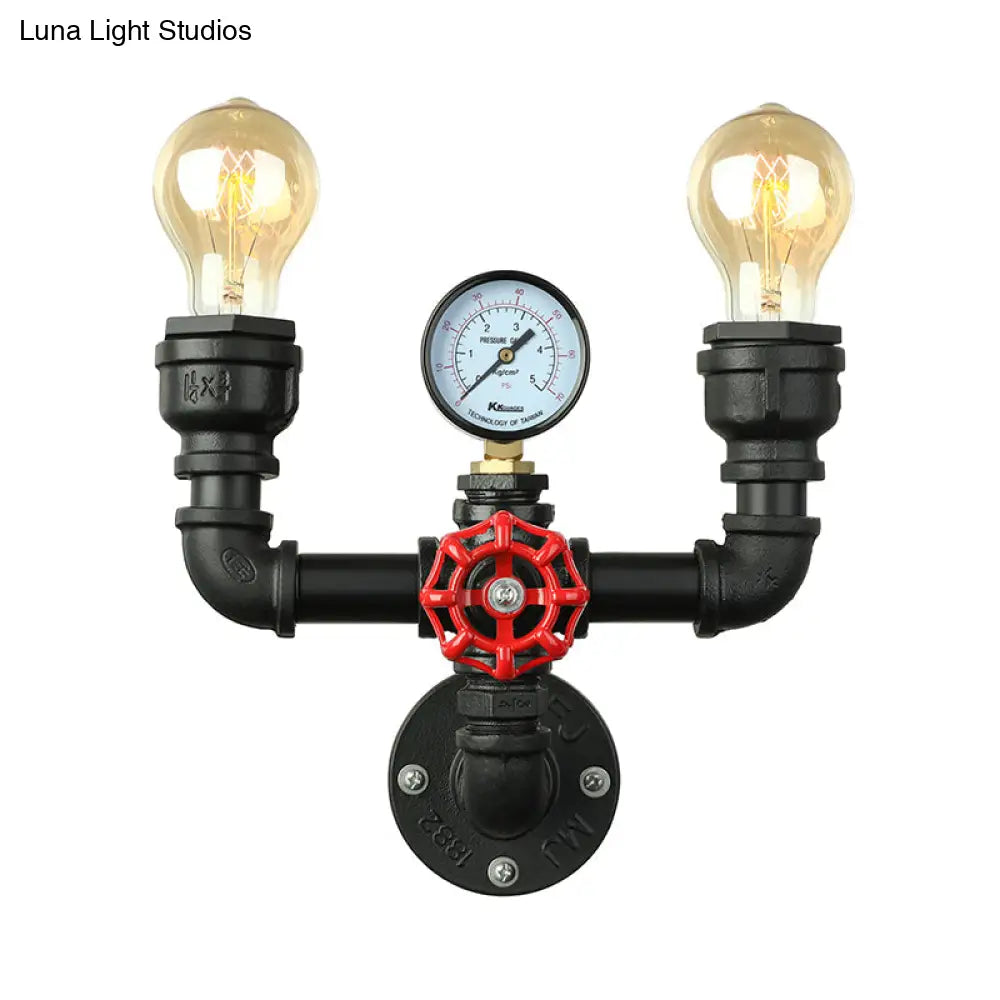 Steampunk Restaurant Wall Lighting In Black: 2/3-Lights Mount With Metal Pipe And Gauge