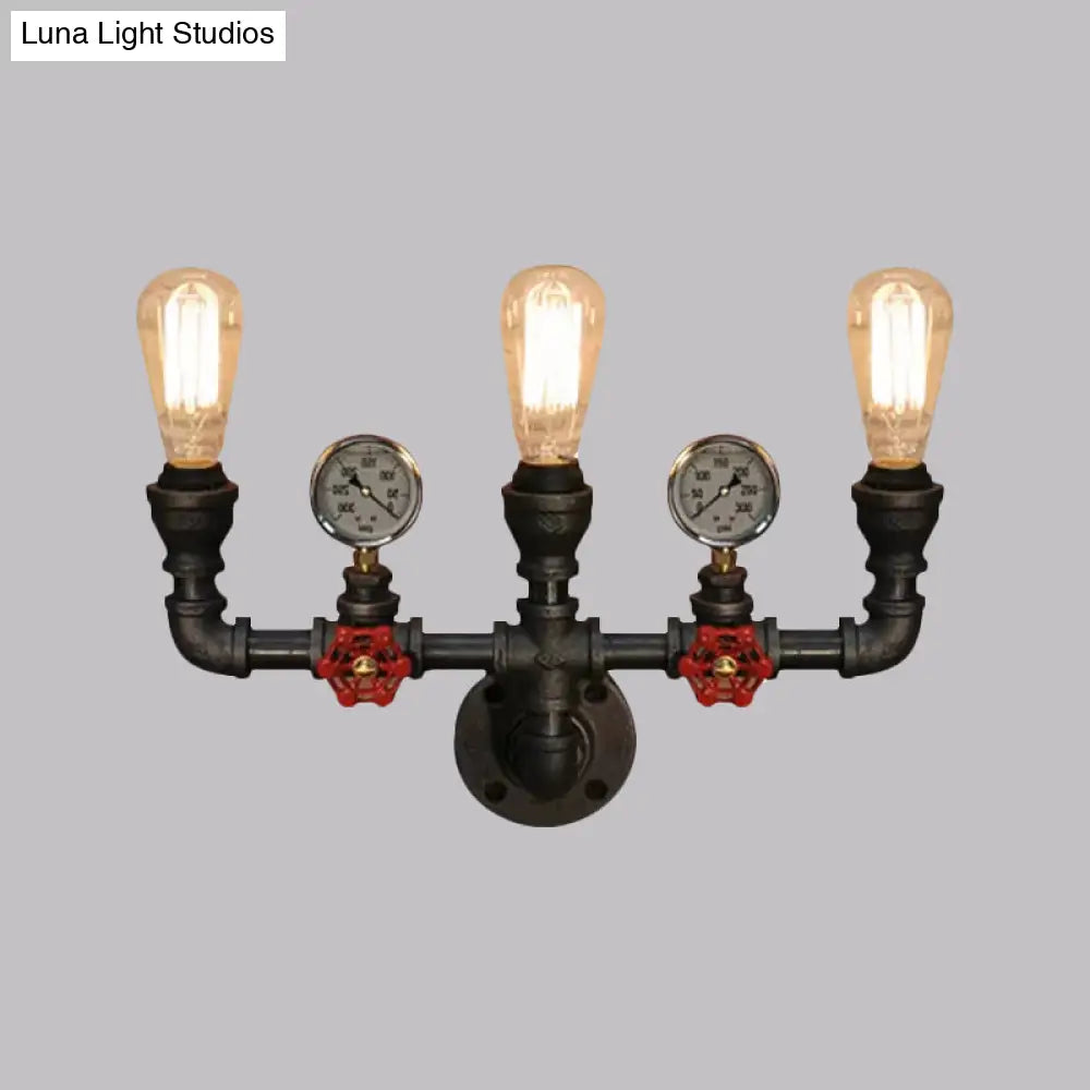 Steampunk Restaurant Wall Lighting In Black: 2/3-Lights Mount With Metal Pipe And Gauge