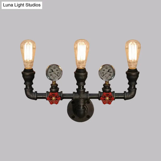 Steampunk Restaurant Wall Lighting In Black: 2/3-Lights Mount With Metal Pipe And Gauge