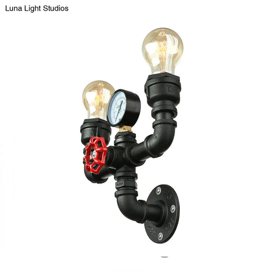 Steampunk Restaurant Wall Lighting In Black: 2/3-Lights Mount With Metal Pipe And Gauge