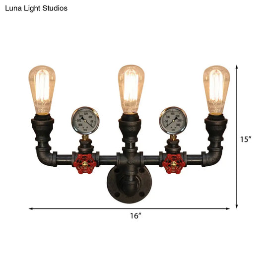 Steampunk Restaurant Wall Lighting In Black: 2/3-Lights Mount With Metal Pipe And Gauge