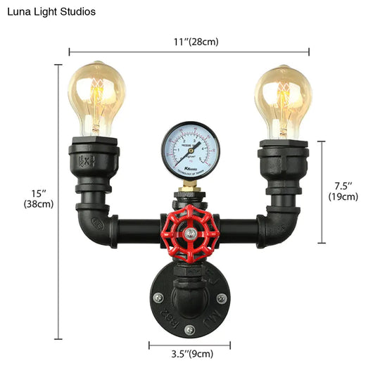 Steampunk Restaurant Wall Lighting In Black: 2/3-Lights Mount With Metal Pipe And Gauge