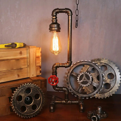 Steampunk Style Water Pipe Table Lamp Metal Antiqued Bronze Nightstand Light / Gooseneck