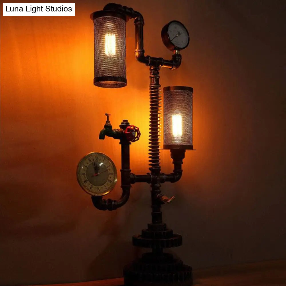 Steampunk Table Lamp With Cylindrical Mesh Shade - Industrial Style Aged Silver Finish 2 Lights