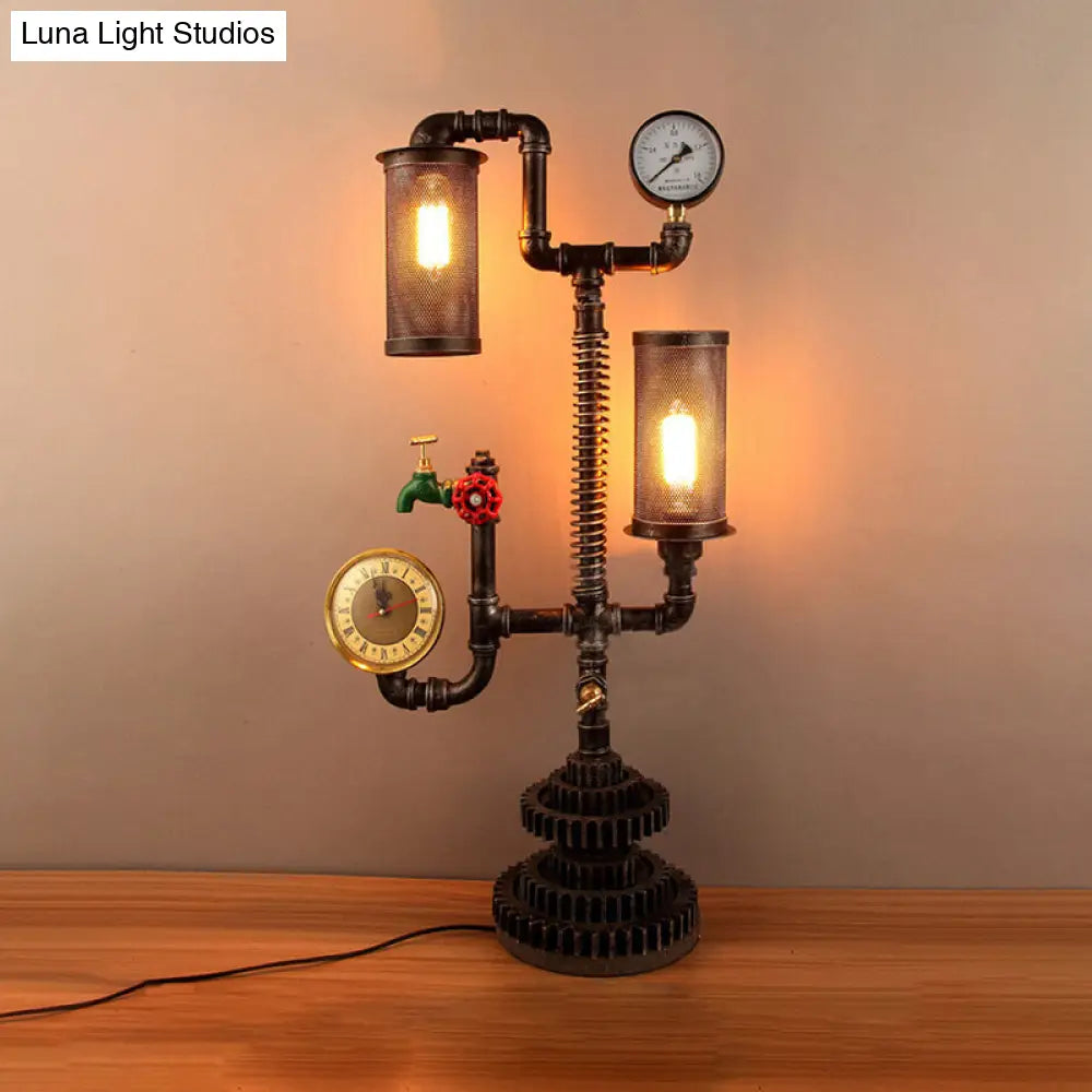 Steampunk Table Lamp With Cylindrical Mesh Shade - Industrial Style Aged Silver Finish 2 Lights