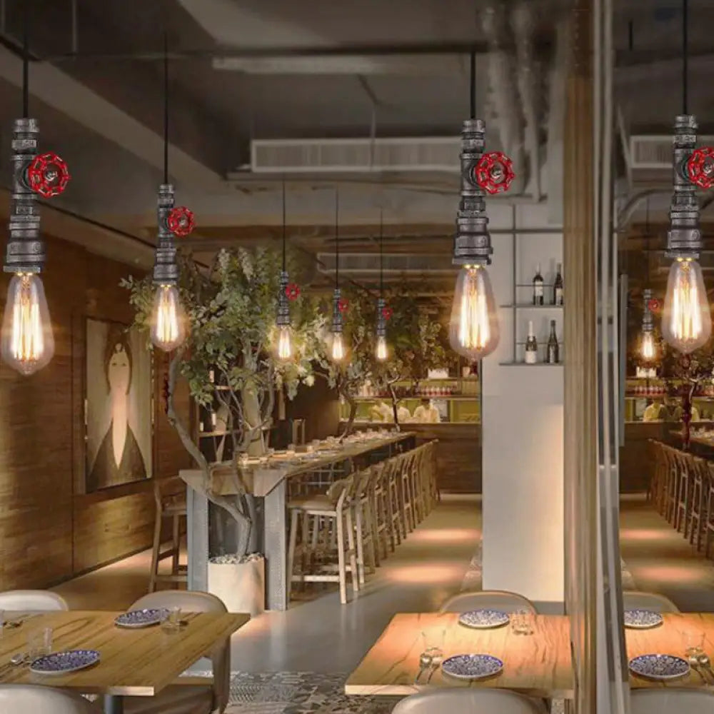 Steampunk Valve Pendant Light For Restaurant - Iron Bronze Water Pipe Design