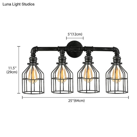 Steampunk Wall Light Fixture - Retro Style Aged Silver Sconce With Wire Guard (4 Lights)