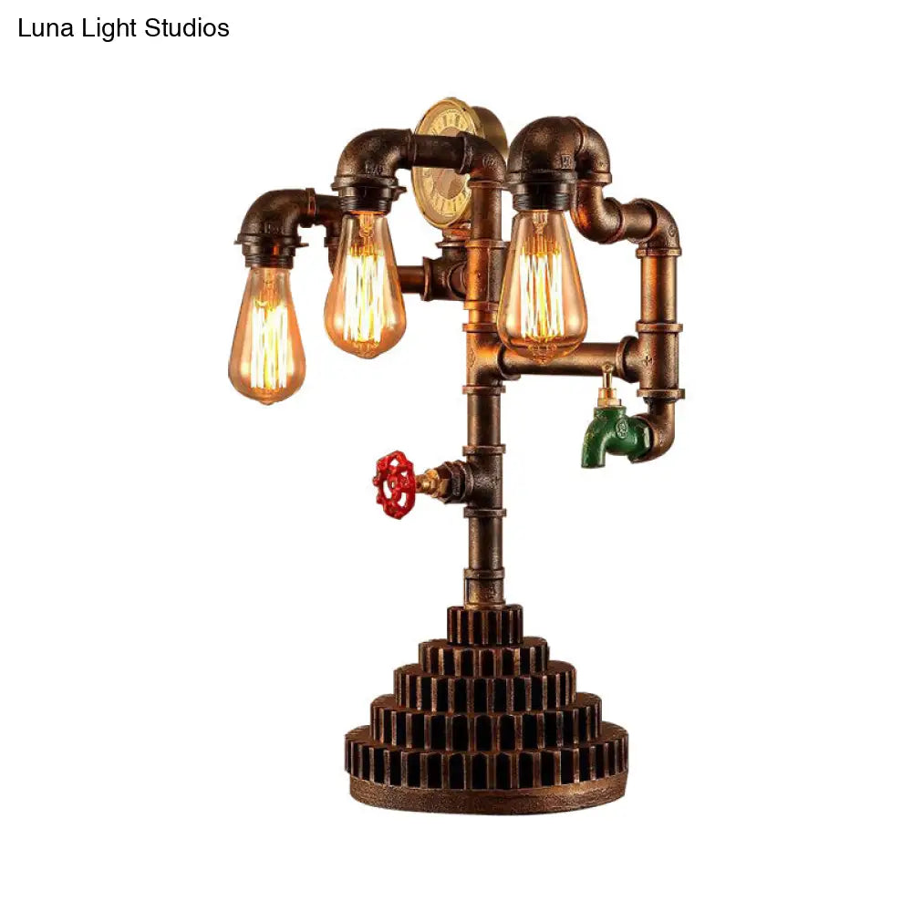 Steampunk Wrought Iron Standing Light - Vintage 3-Light Living Room Table Lamp In Bronze