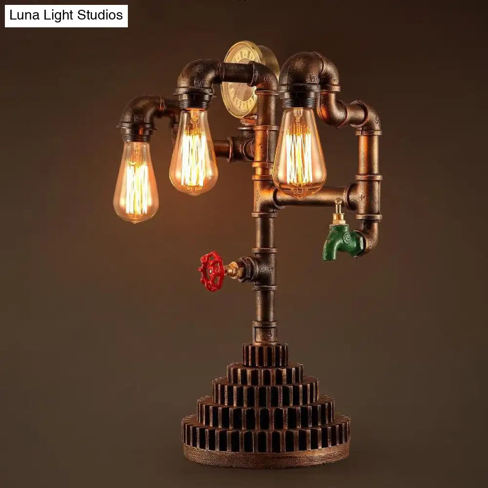 Steampunk Wrought Iron Standing Light - Vintage 3-Light Living Room Table Lamp In Bronze