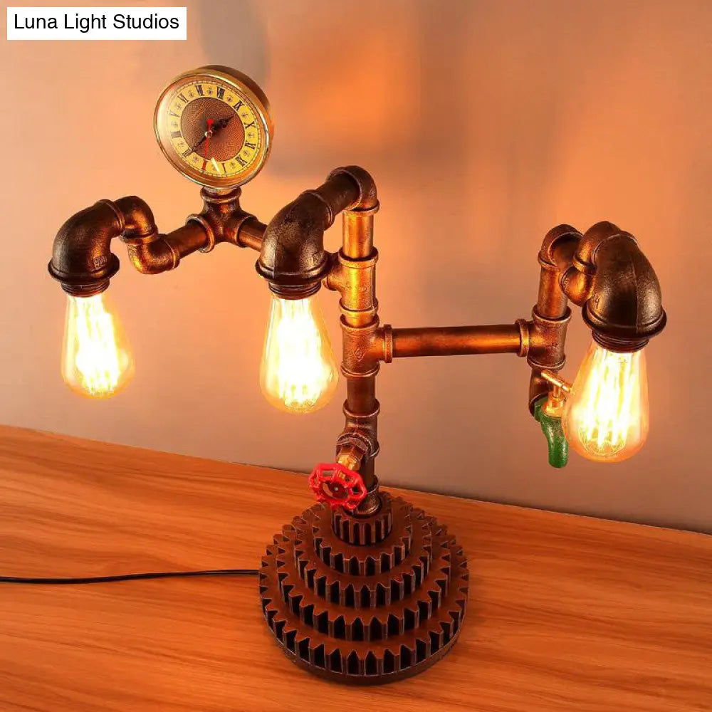 Steampunk Wrought Iron Standing Light - Vintage 3-Light Living Room Table Lamp In Bronze