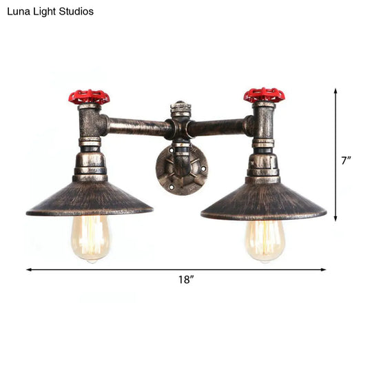 Steampunk Wrought Iron Wall Sconce - Weathered Bronze 2 Bulbs Cone Shade Red Valve