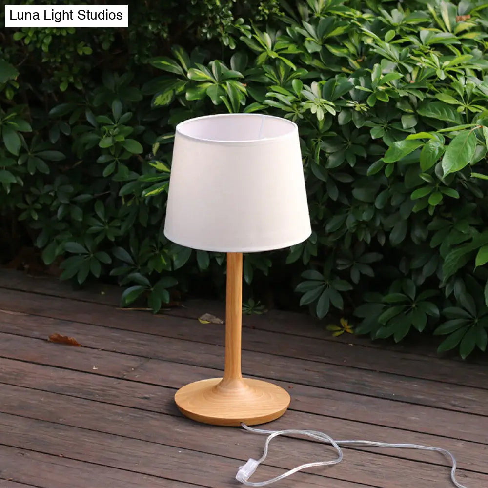 Sleek Wooden Bedside Lamp With Bucket Fabric Shade - 1-Bulb Minimal Nightstand Light