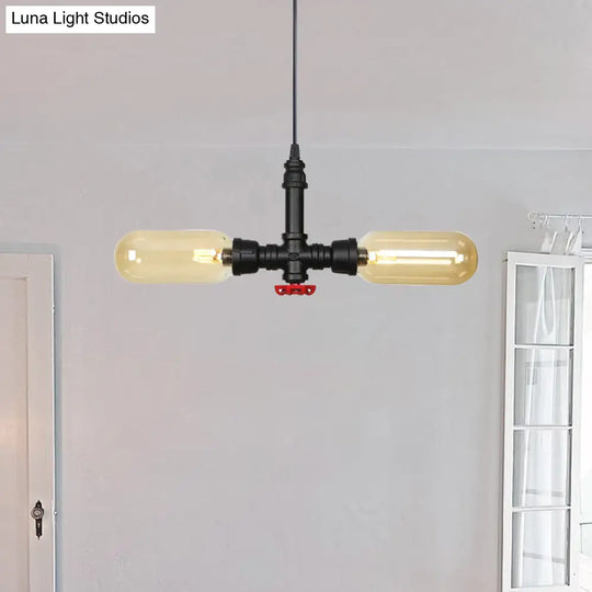 Stella - Amber Glass Black Suspension Light Pill Capsule 2-Light Industrial Led