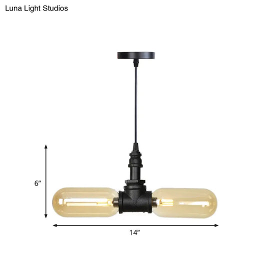 Stella - Amber Glass Black Suspension Light Pill Capsule 2-Light Industrial Led