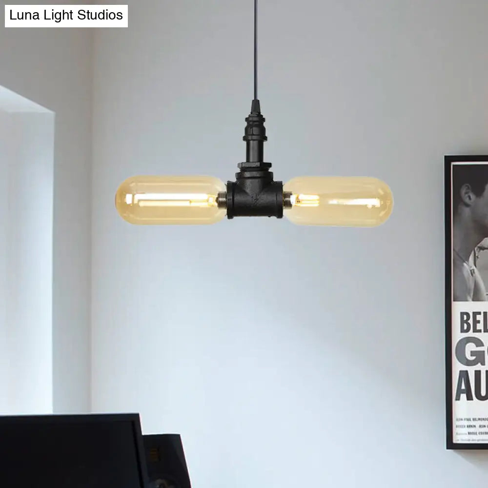 Stella - Amber Glass Black Suspension Light Pill Capsule 2-Light Industrial Led / C