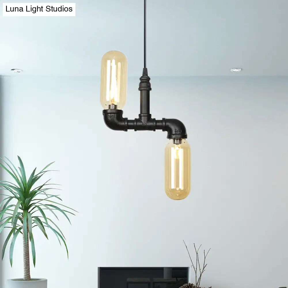 Stella - Amber Glass Black Suspension Light Pill Capsule 2-Light Industrial Led / A