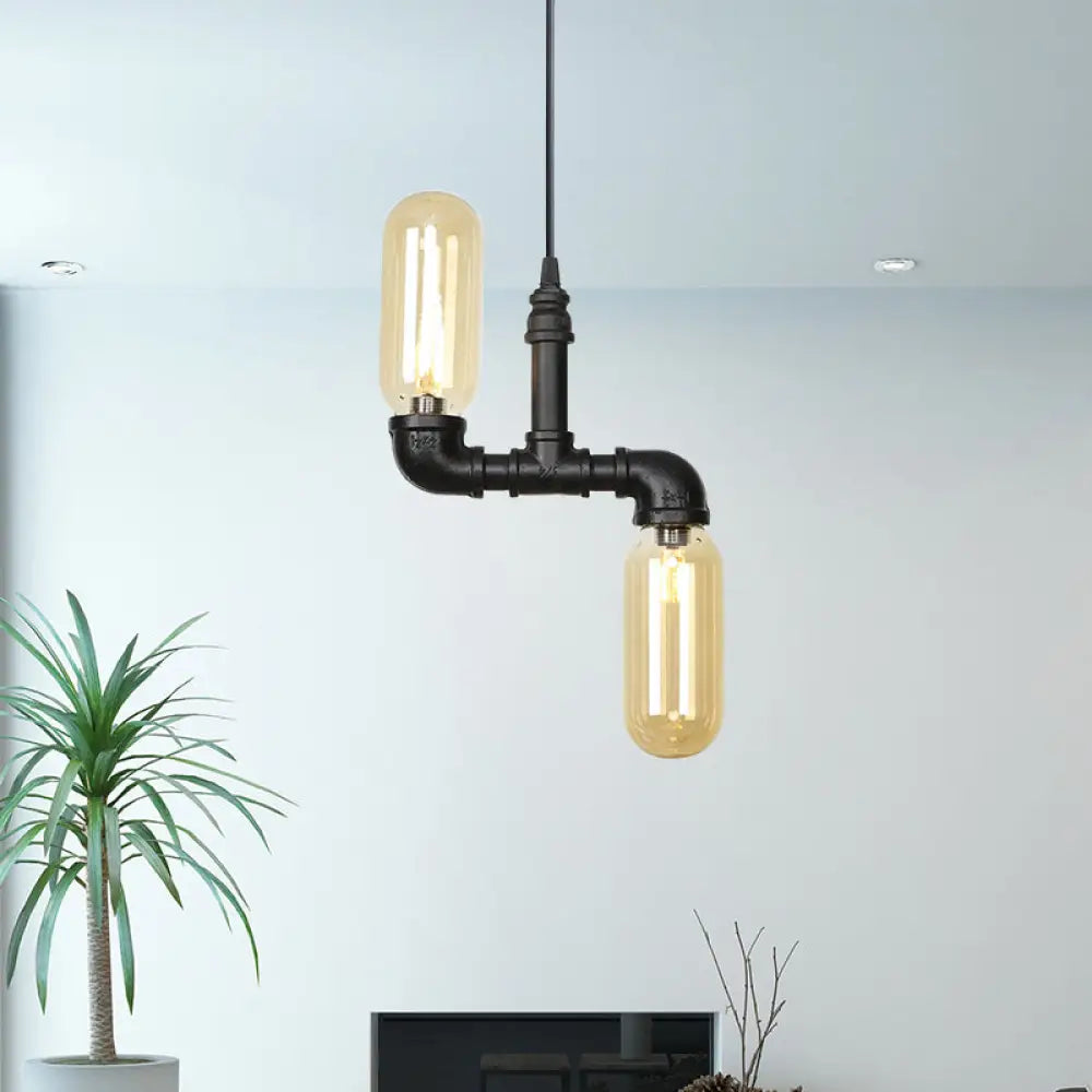 Stella - Amber Glass Black Suspension Light Pill Capsule 2-Light Industrial Led / A