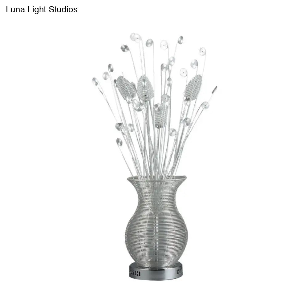 Countryside Style Led Table Lamp - Aluminum Wire Vase And Fern Design Chrome Finish