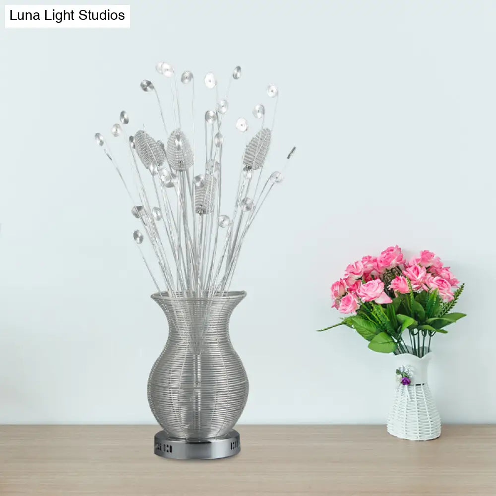 Countryside Style Led Table Lamp - Aluminum Wire Vase And Fern Design Chrome Finish