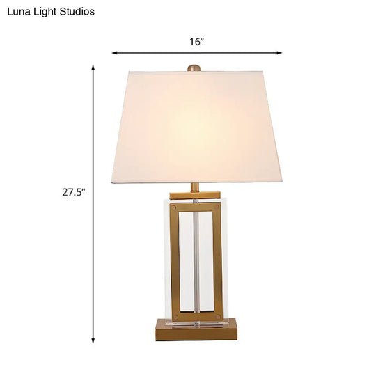 Minimalist White Fabric Nightstand Lamp With Golden Pedestal - Trapezoid Table Lighting