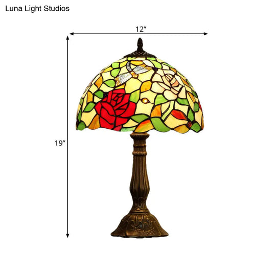 Tiffany Hand-Crafted Art Glass Table Lamp With Rose Pattern - Bronze Finish