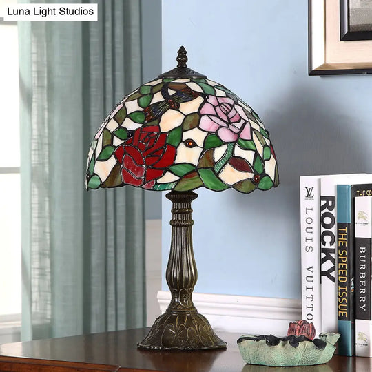 Tiffany Hand-Crafted Art Glass Table Lamp With Rose Pattern - Bronze Finish