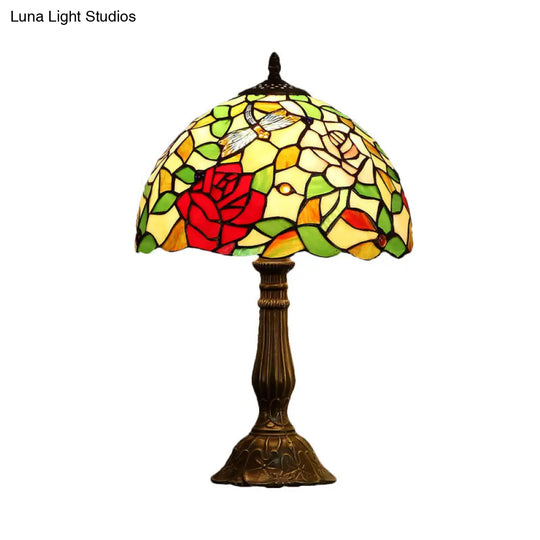 Tiffany Hand-Crafted Art Glass Table Lamp With Rose Pattern - Bronze Finish