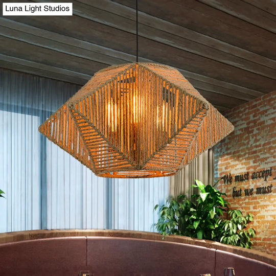 Stereoscopic Star Pendant Lamp - Farmhouse 1-Light Hanging Rope Kit Hand-Woven Design In Beige