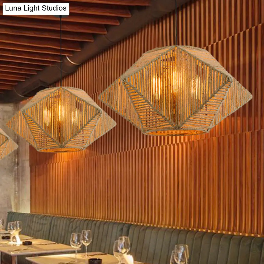 Stereoscopic Star Pendant Lamp - Farmhouse 1-Light Hanging Rope Kit Hand-Woven Design In Beige