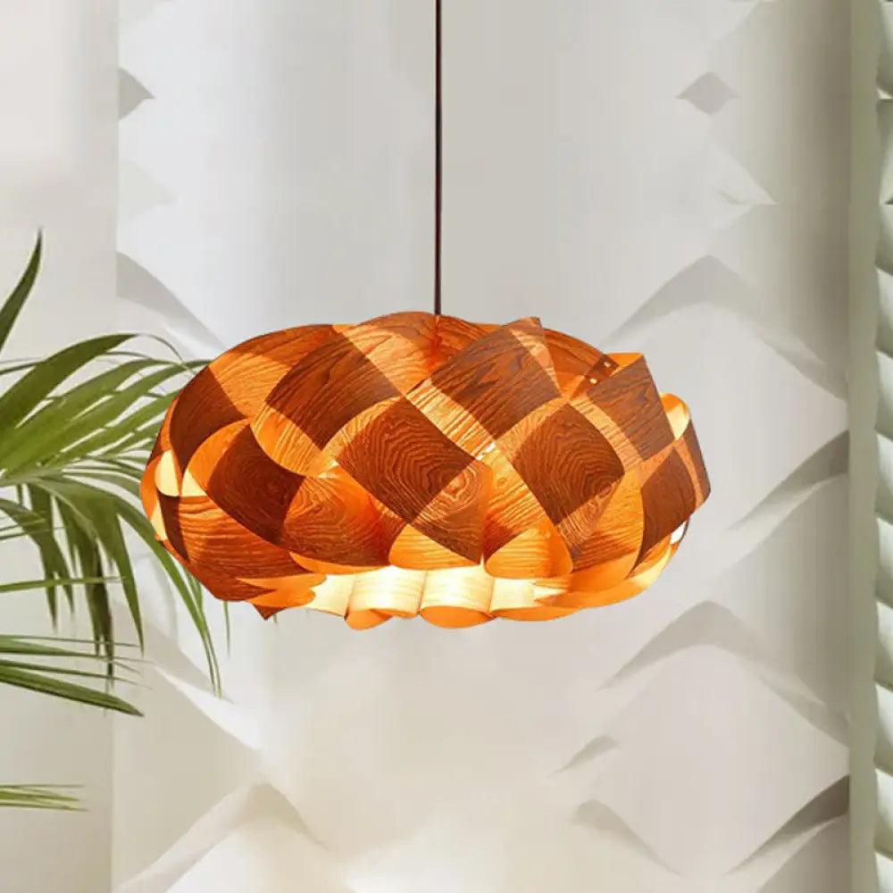 Stranded-Weaving Asian Drum Shade Pendant Ceiling Light In Beige Wood