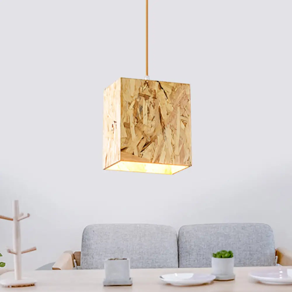 Stranded Wood Cube Ceiling Light - Simple 1 Bulb Beige Hanging Fixture For Dinette