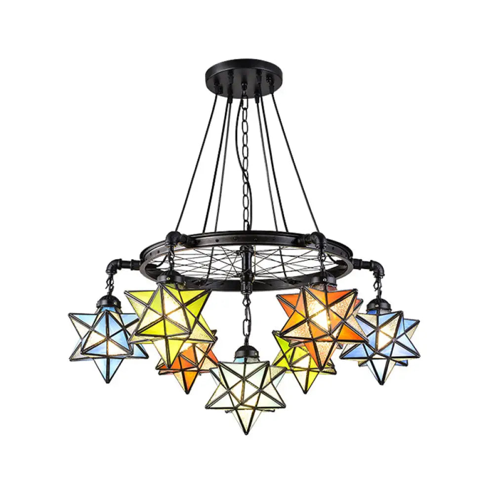 Stunning 10-Light Star Living Room Hanging Light: Tiffany Chandelier With Wheel Stained Glass In