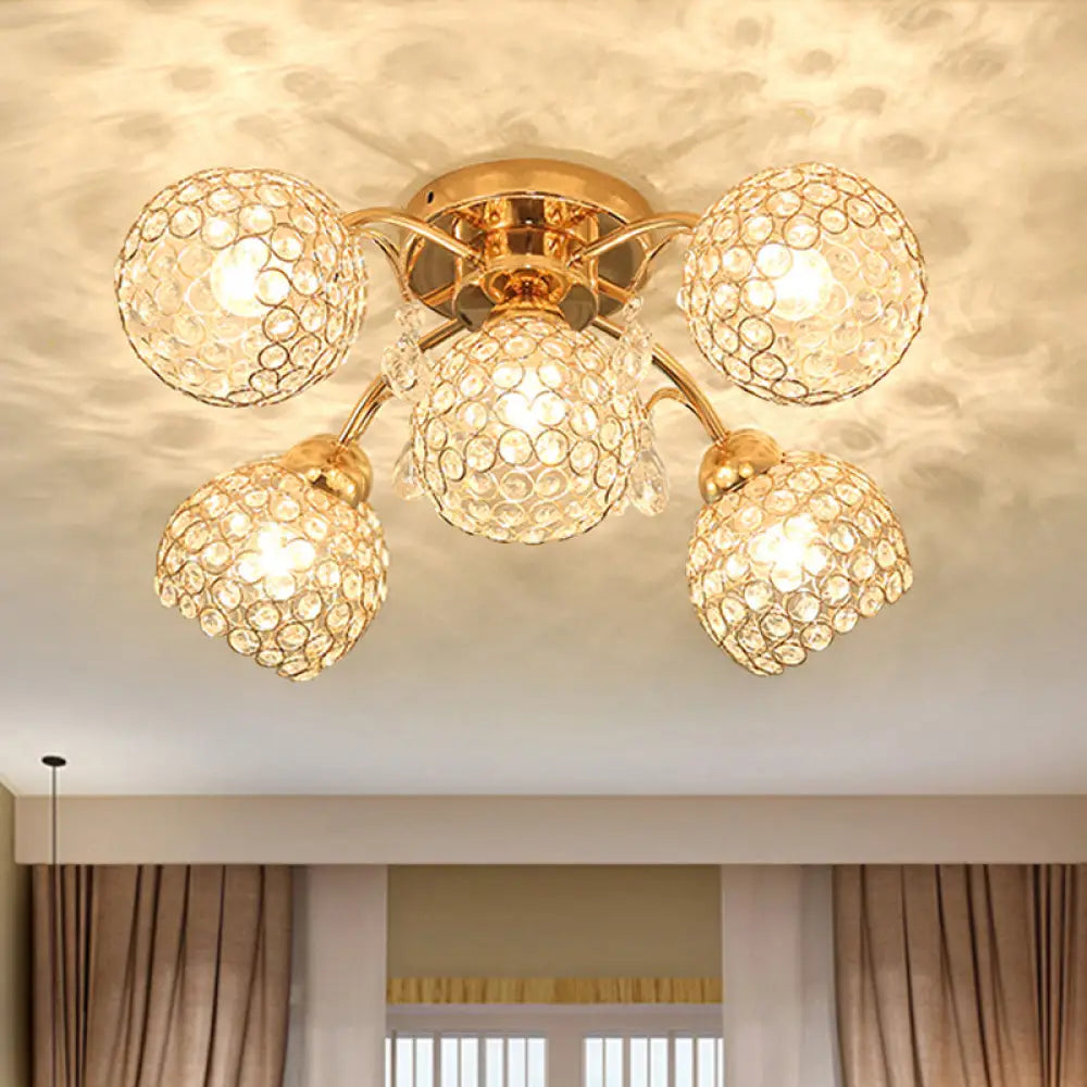 Stunning 5 - Head Crystal Semi Flush Mount Ceiling Light For Traditional Bedrooms Gold