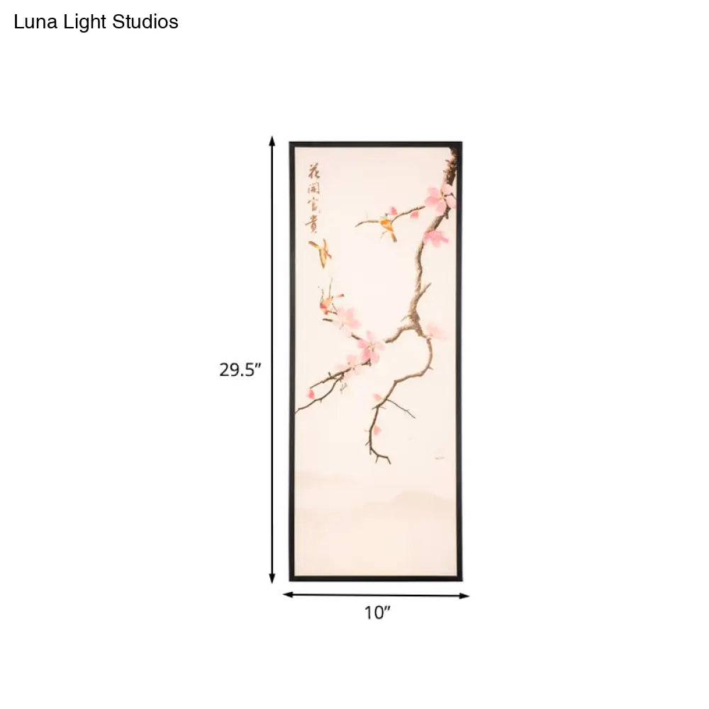 Stunning Asian Style Led Wall Mount Sconce With Black Bird And Peach Blossom Painting Fabric Shade