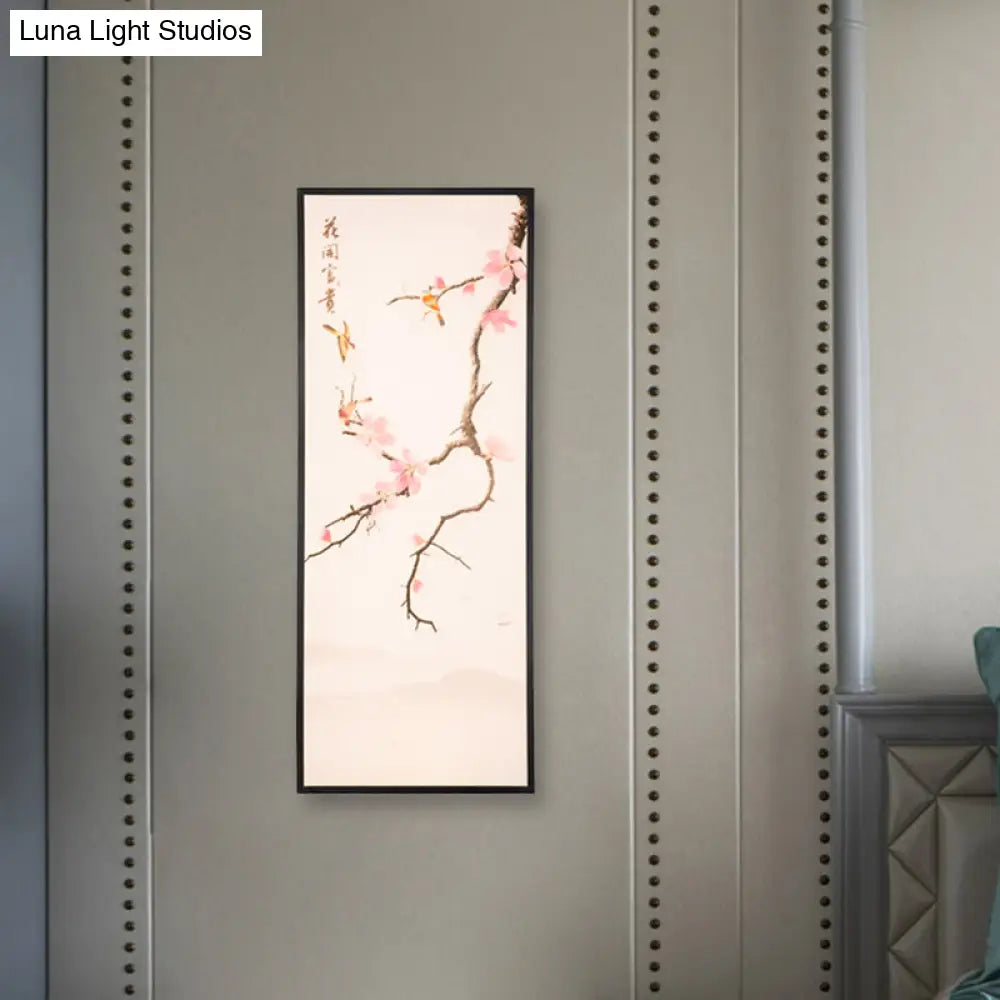 Stunning Asian Style Led Wall Mount Sconce With Black Bird And Peach Blossom Painting Fabric Shade